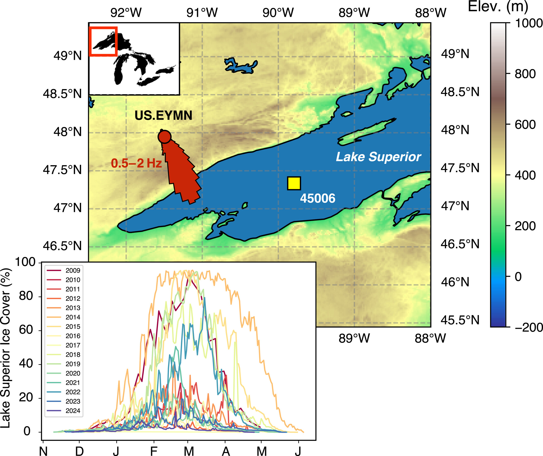 Seismic station EYMN detecting microseism from Lake Superior, with ice cover from 2009-2024. (Fig. 1: Russell & Carchedi, 2026, GRL)